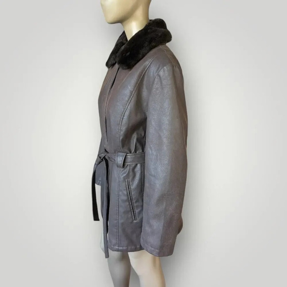 Giacca Vintage Faux Leather Belted Peacoat Jacket Faux Fur Collar Size XL Brown - Picture 3 of 16